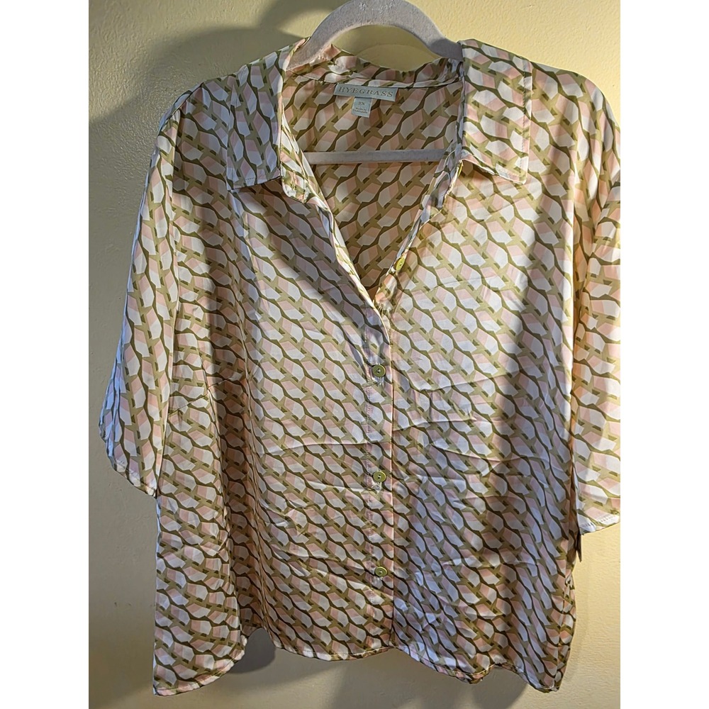 Ryegrass Women 2X Pink Olive Geometric Button Down Blouse Short Sleeve Satin Top